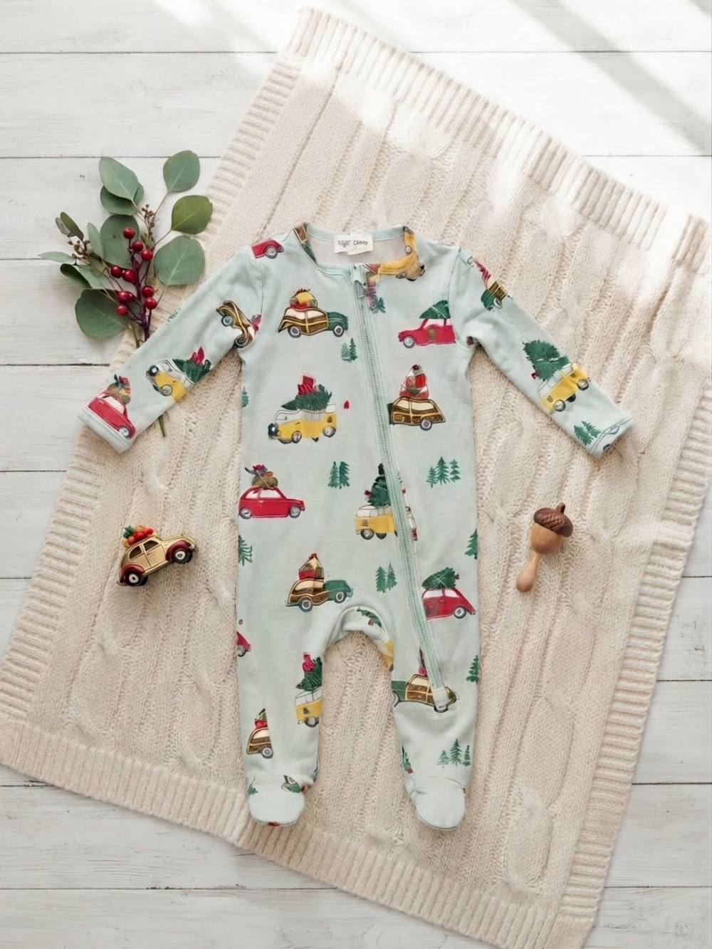 Angel Dear Mint Green Holiday Car Footed One-Piece